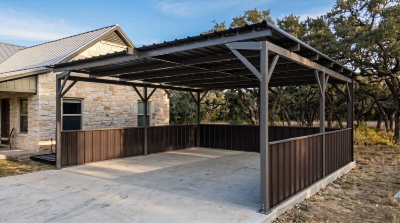 An animation of a metal carport going up on a concrete slab: steel posts, then the frame, then the metal roof, then wall sheeting, ending on the finished carport